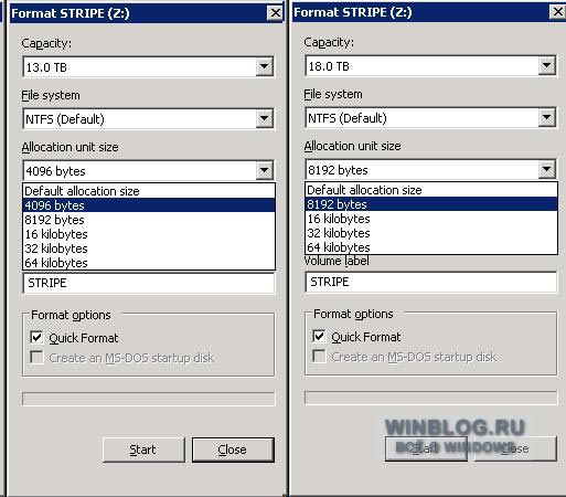 Размеры кластеров NTFS для крупных томов