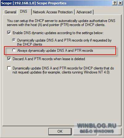 Настройка DHCP для динамического обновления данных в Windows Server 2008