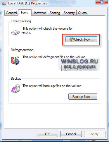 Использование утилиты проверки диска Check Disk в системе Windows Vista