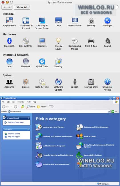 Сравнение интерфейсов операционных систем Mac OS X и Windows XP