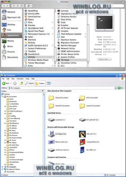 Сравнение интерфейсов операционных систем Mac OS X и Windows XP