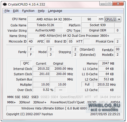 CrystalCPUID 4.14.5.410 - подробная информация о процессоре