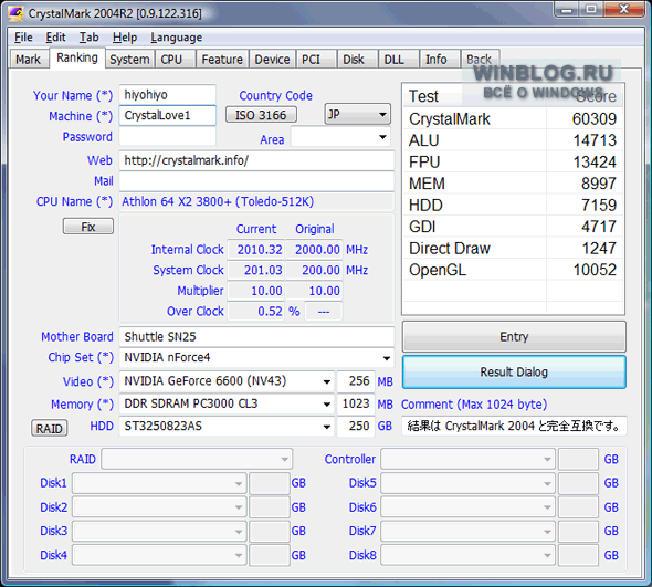 CrystalMark 2004R3 0.9.124.405 - Подробная информация о компьютере