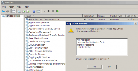 Остановка служб каталогов Active Directory в Windows Server 2008