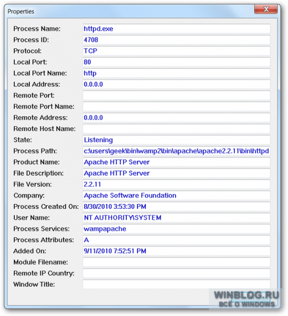 Как определить, каким процессом занят порт TCP/IP в Windows